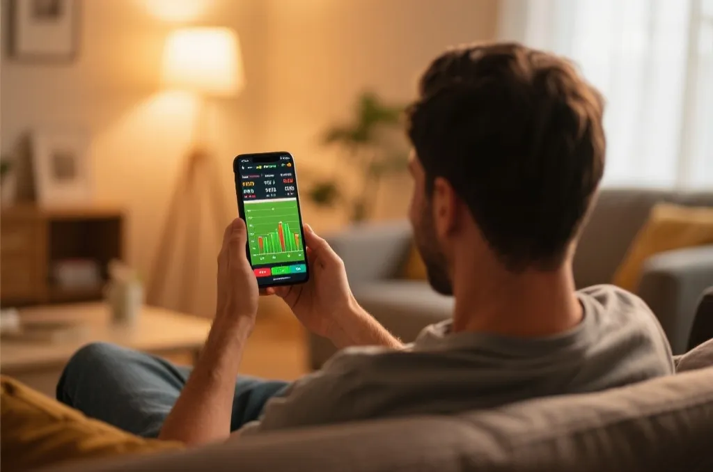 用户在沙发上手机观看滚球直播，界面显示赔率与统计图表