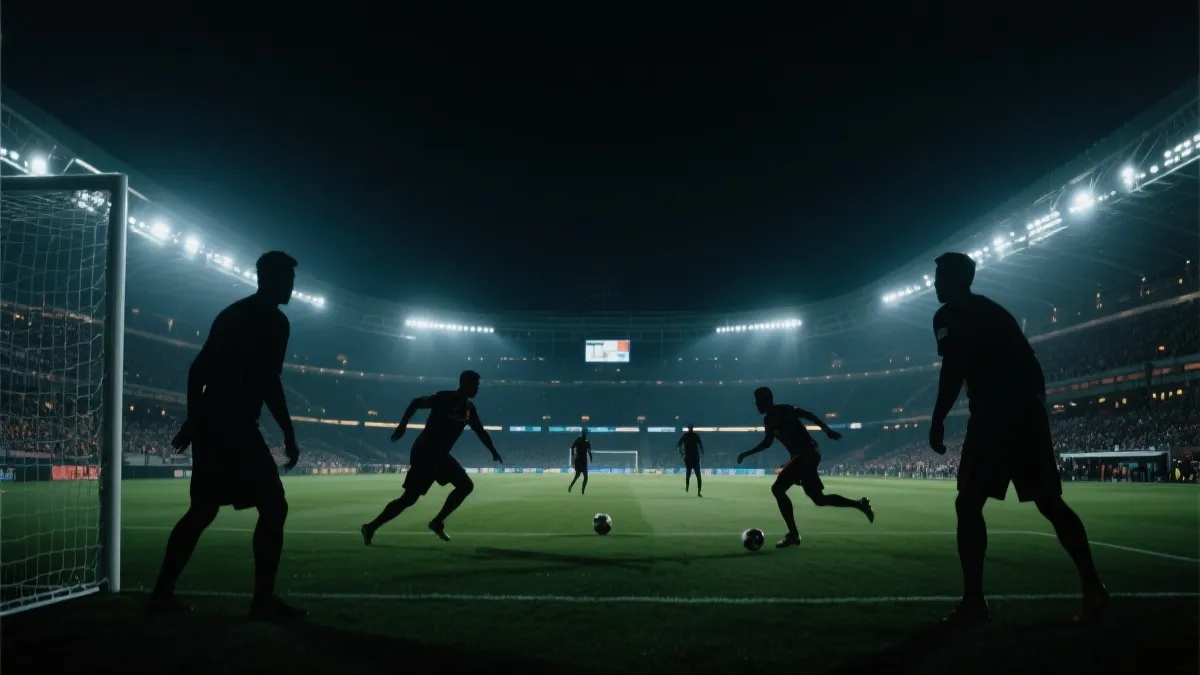 世界杯球场上传统豪门与黑马球队的对决场景